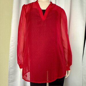 RUBY RIBBON  Red Sheer Blouse with velvet polka dots long sleeves Size L